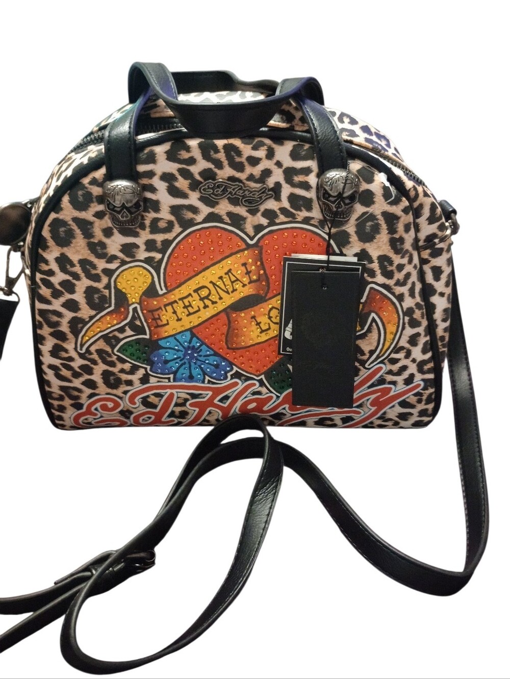 Ed Hardy Leopard Satchel with Multicolor 'Eternal Love' Heart, NWT